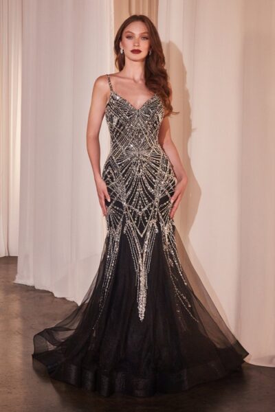 Vestido Negro de Sirena Ajustado con Motivo Art Deco