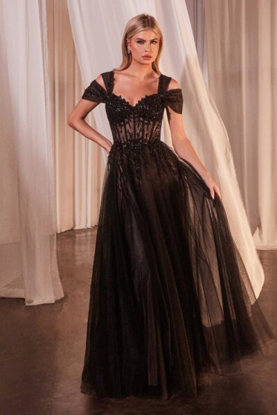 Vestido Negro en L?nea A, Corpi?o de Encaje Transparente Adornado y Mangas Ca?das