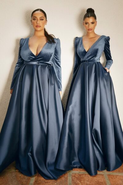 Vestido de Gala de Terciopelo y Mikado con Mangas Largas