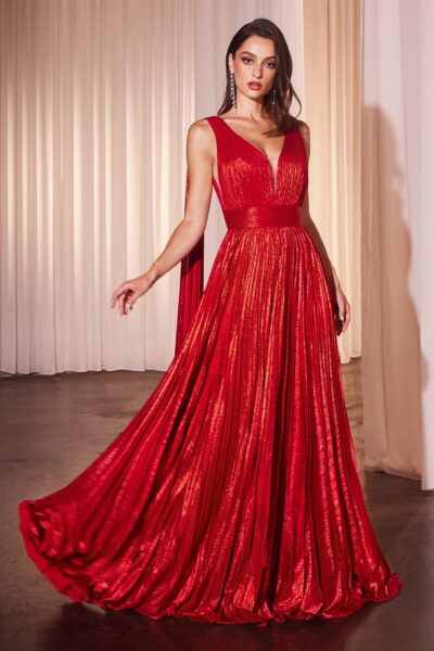 Vestido A-Line de Lam? Met?lico Plisado, sin Mangas y con un Profundo Escote en V