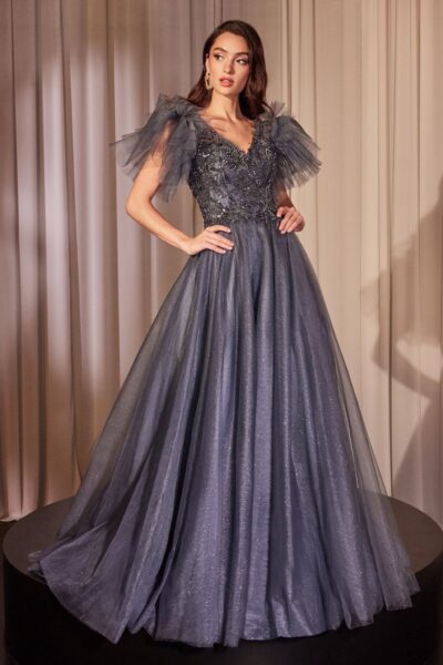 Vestido de Gala en Tul Azul Medianoche con Brillo en Capas