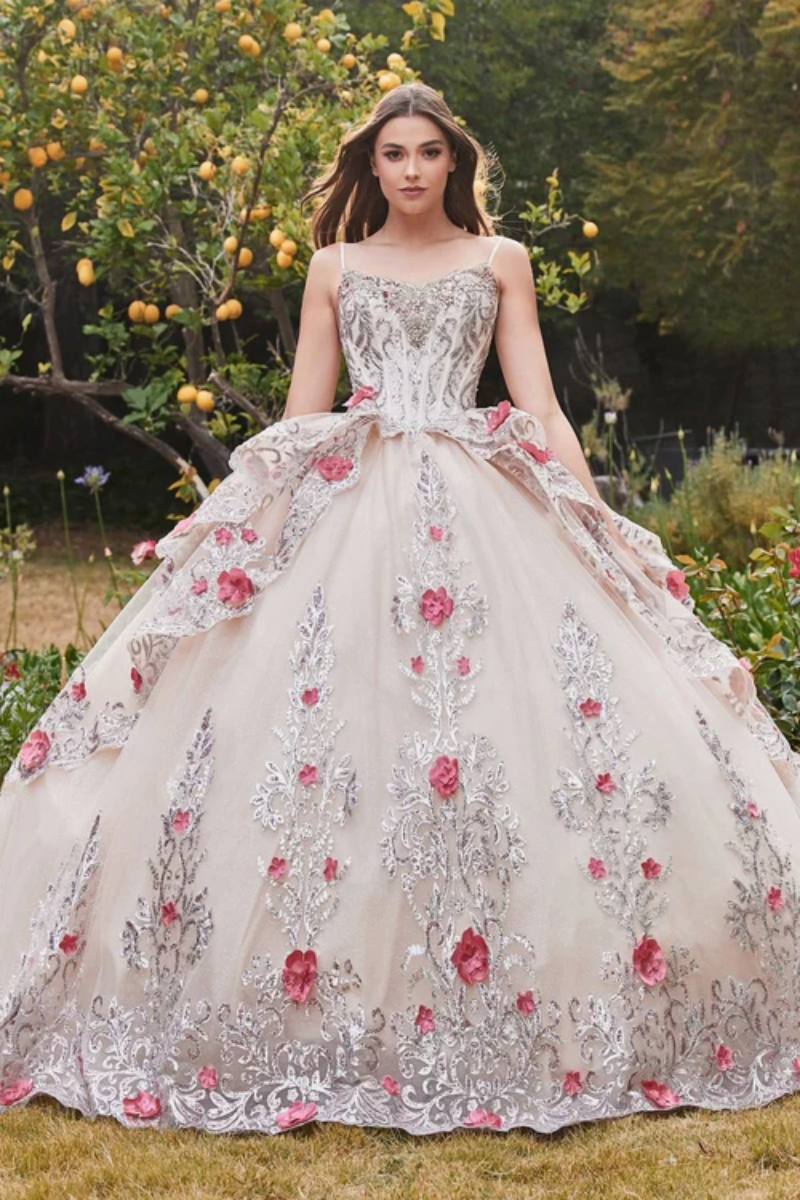 Vestido de Quinceañera de Tul en Capas con Aplicaciones Florales - Imagen 2