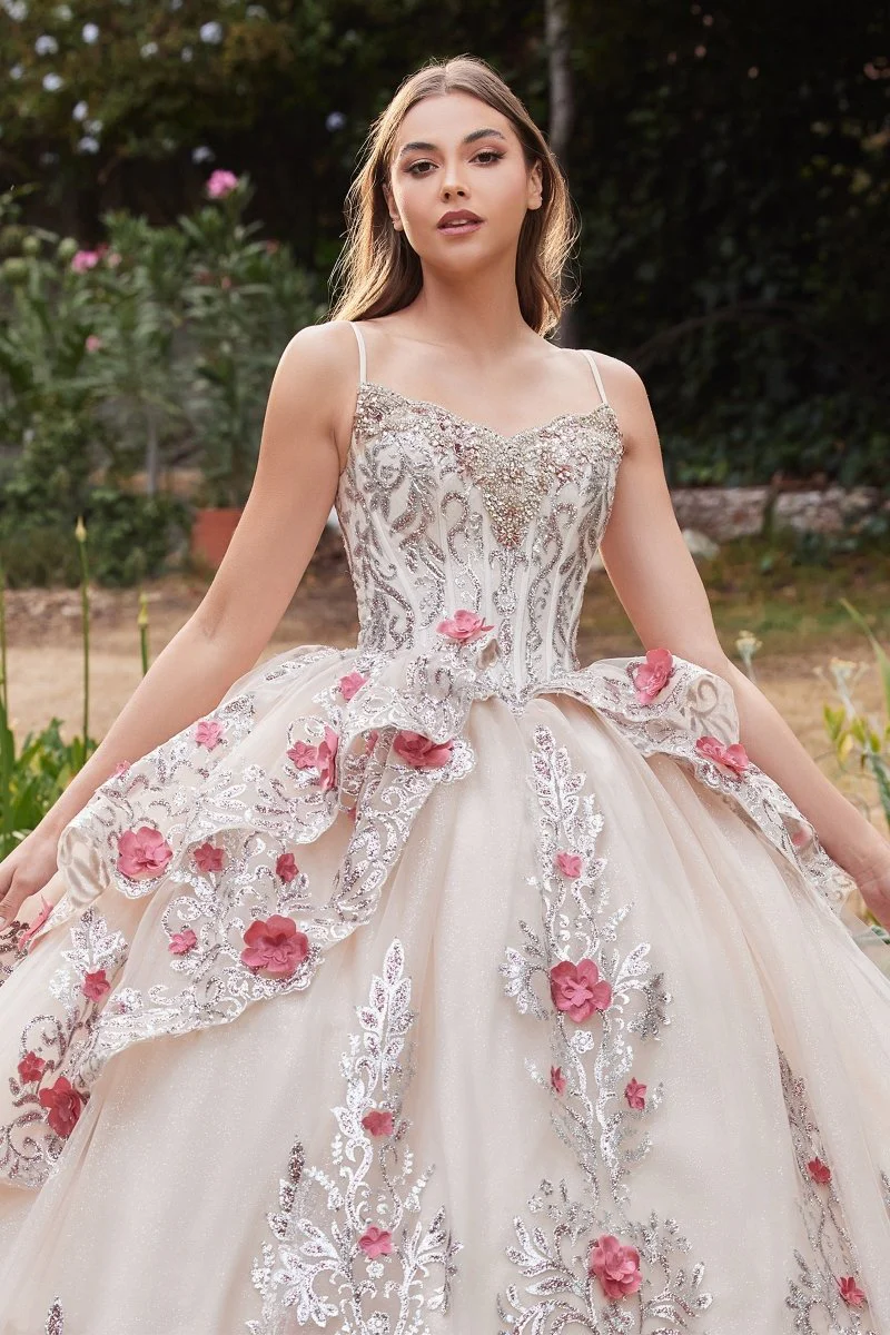 Vestido de Quinceañera de Tul en Capas con Aplicaciones Florales