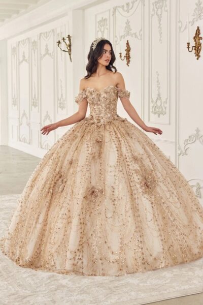 Vestido de Bola Champagne con Corsé Estructurado y Falda de Ensueño