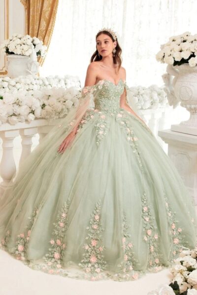 Vestido de Gala Color Sage con Capa y Detalles Florales en Tono Rubor