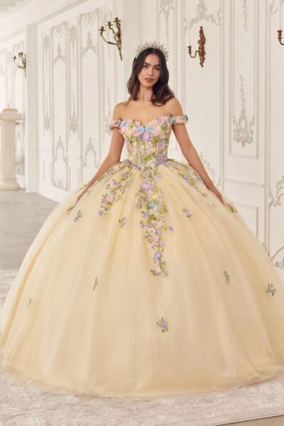 Vestido de Quinceañera Champange con Flores en Tonos Pastel