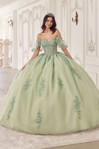 Vestido de Quinceañera Sage con Corsé de Varillas Visibles y Pedrería