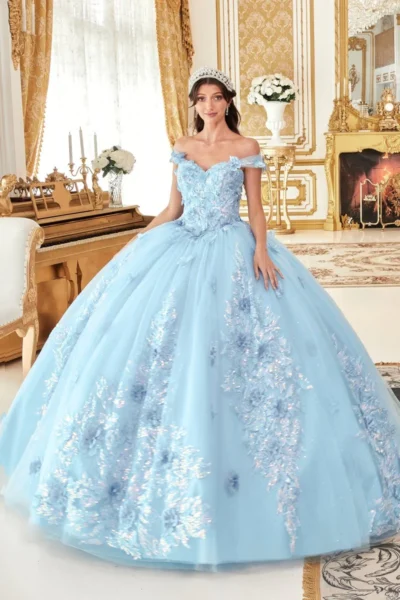 Vestido de Gala con Aplicaciones Florales y Hombros Descubiertos