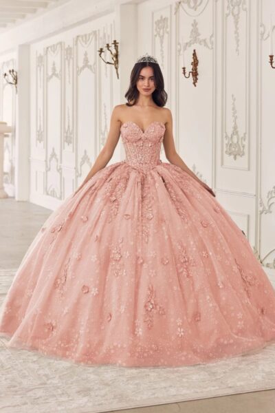Vestido de Princesa de Gala con Escote Corazón, Flores 3D y Espalda Ajustable