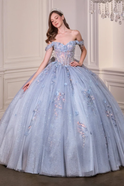 Vestido de Quinceañera de Gala Azul Claro con Corsé Transparente y Tul Brillante