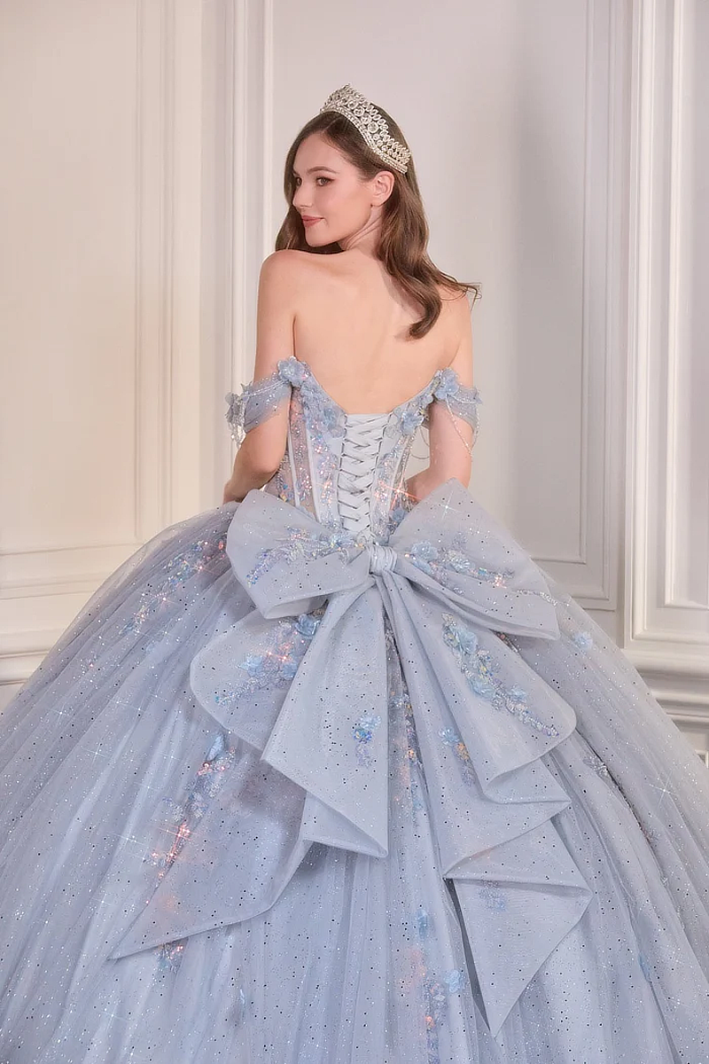 Vestido de Quinceañera de Gala Azul Claro con Corsé Transparente y Tul Brillante - Imagen 3