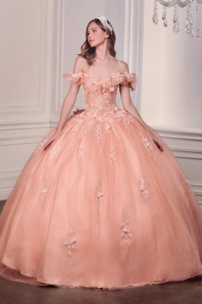 Vestido de Quinceañera Blush con Hombros Caídos y Encaje de Flores 3D