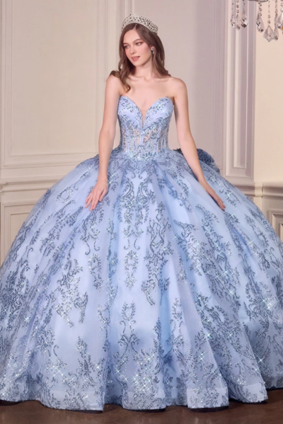 Vestido de Gala para Quinceañera en Tul Brillante con Corsé y Encaje de Lentejuelas