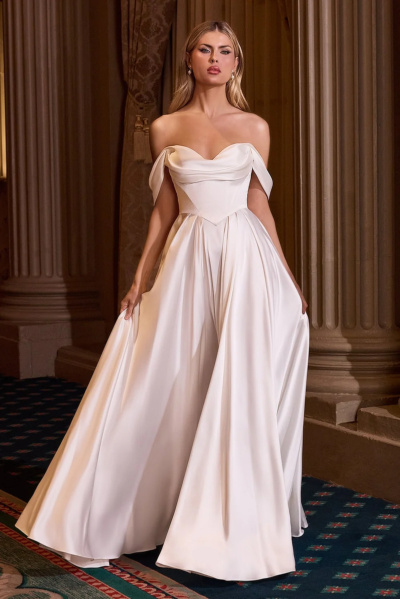 Vestido de Novia Satinado de Hombros Caídos con Corsé Ajustable