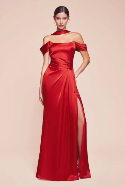 Vestido Satinado con Escote Off-The-Shoulder y Espalda Corsé