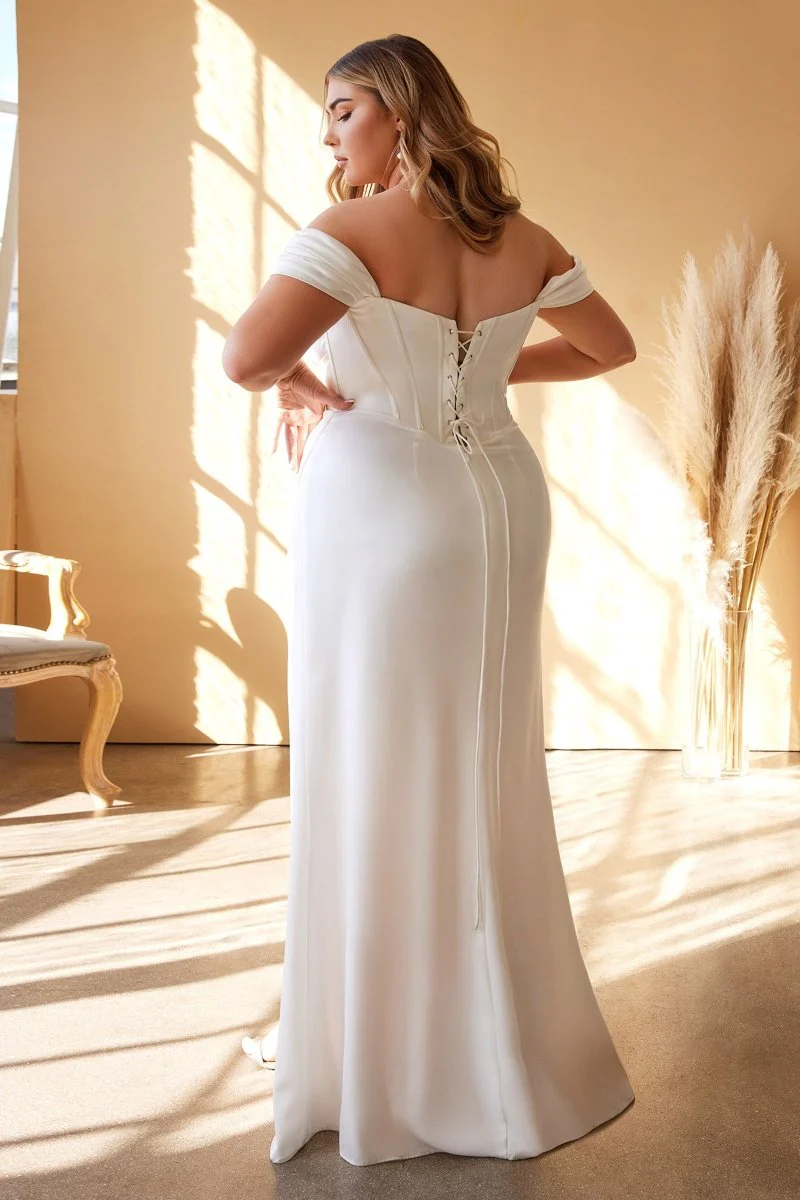 Vestido Largo Satinado de Hombros Caídos con Corsé de Varillas - Imagen 4